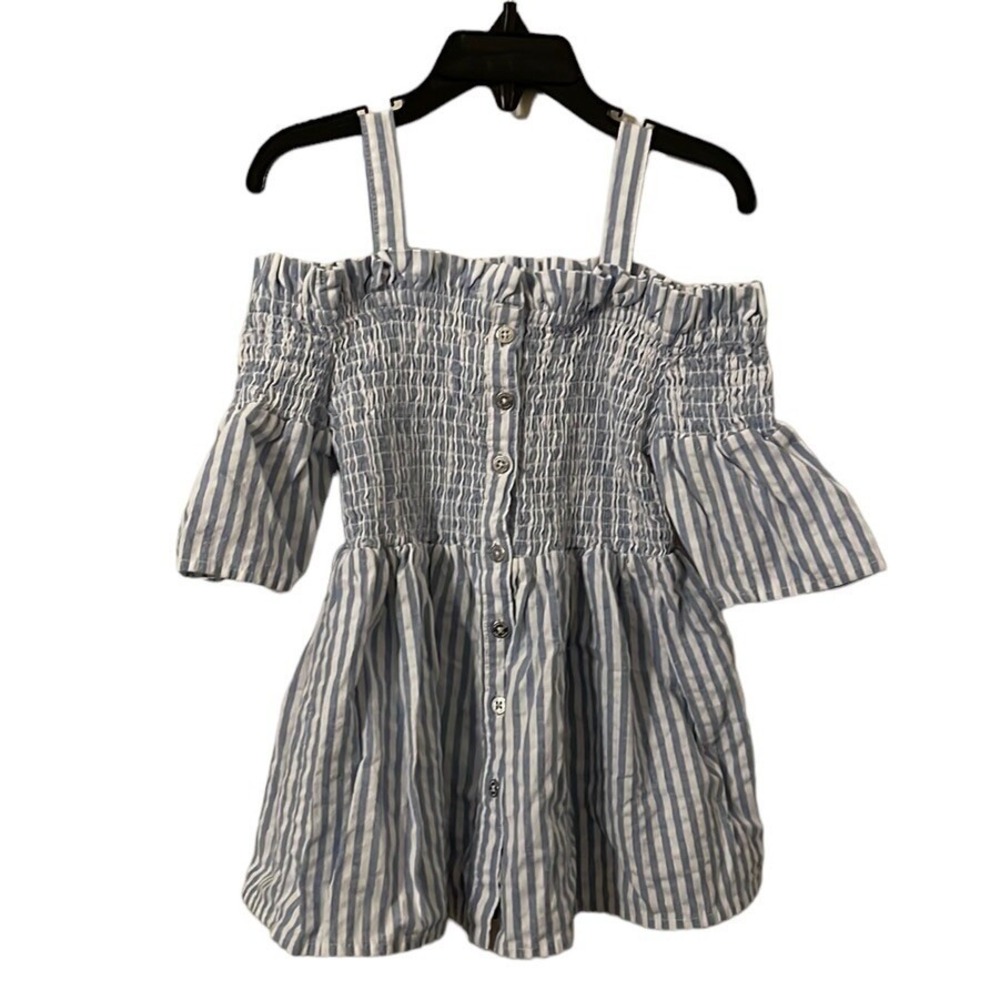 Habitual Girl's Blue White Striped Rushed Off Shoulder Mid Button Top Size 5/6